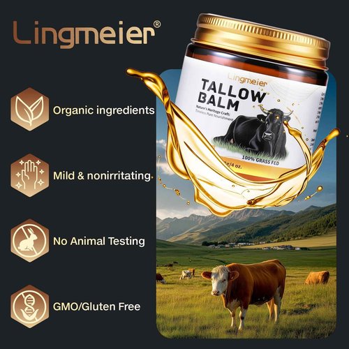 Lingmeier Beef Tallow for Skin, Whipped Tallow Balm with Grass Fed Beef Tallow and Honey Balm (Unscented), Natural Moisturizer Cream for Dry and Sensitive Skin, Eczema, Rosacea(4 OZ)
