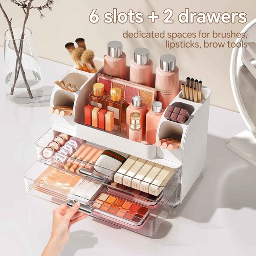 Makeup Organizer, Large Vanity Organizer with Brush Holder and 2 Drawers, Clear Cosmetic Storage Box for Bathroom Countertop, Toiletry and Skincare Storage for Lipsticks, Lotion, and perfume, White