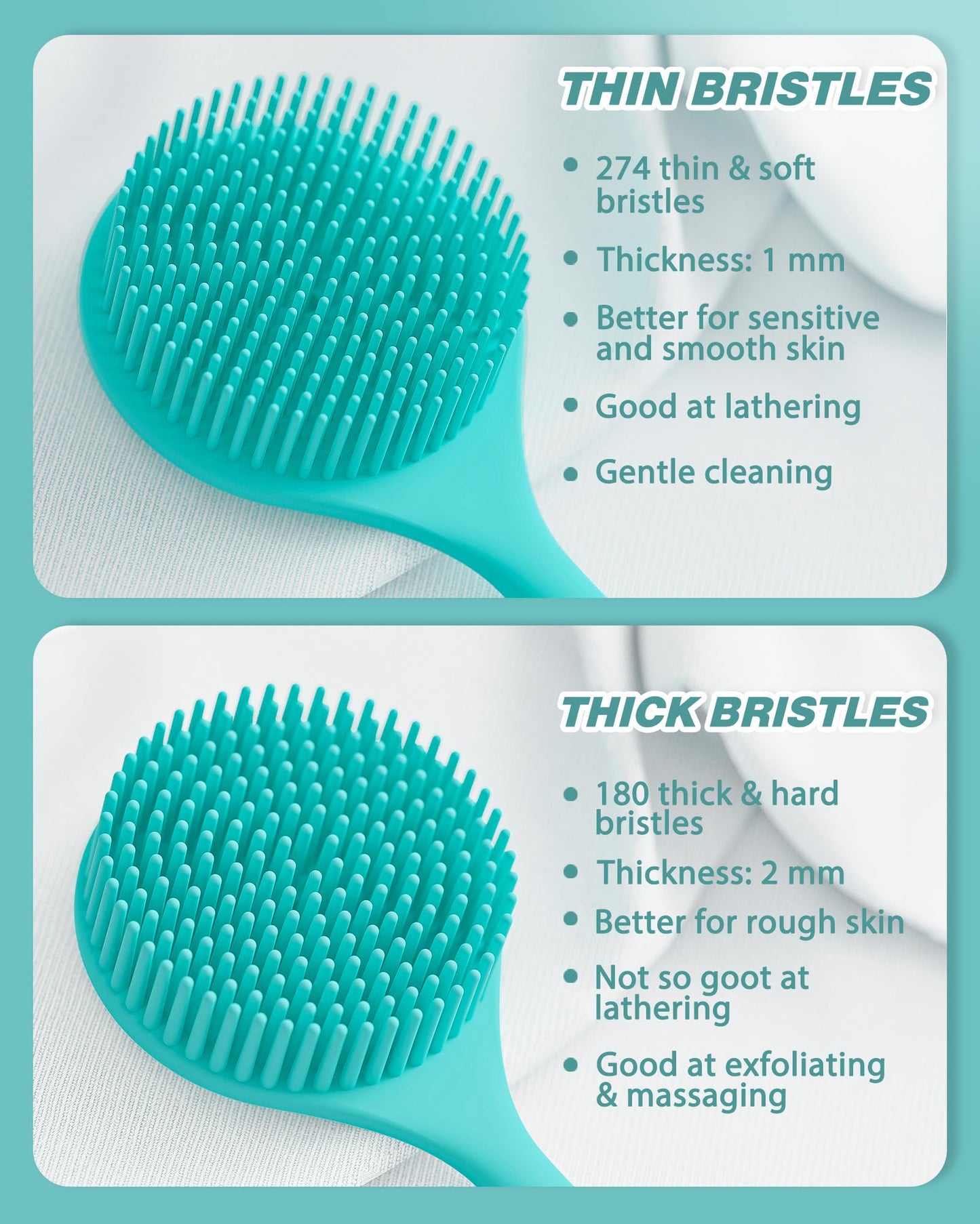 Manmihealth Silicone Back Scrubber for Shower 2 Pcs(Thick+Thin Bristles), 15'' Long Handle Body Scrubber, Light & Easy-to-Hold Shower Brush for Skin Exfoliating and Massaging with a Free Hook (Blue*2)