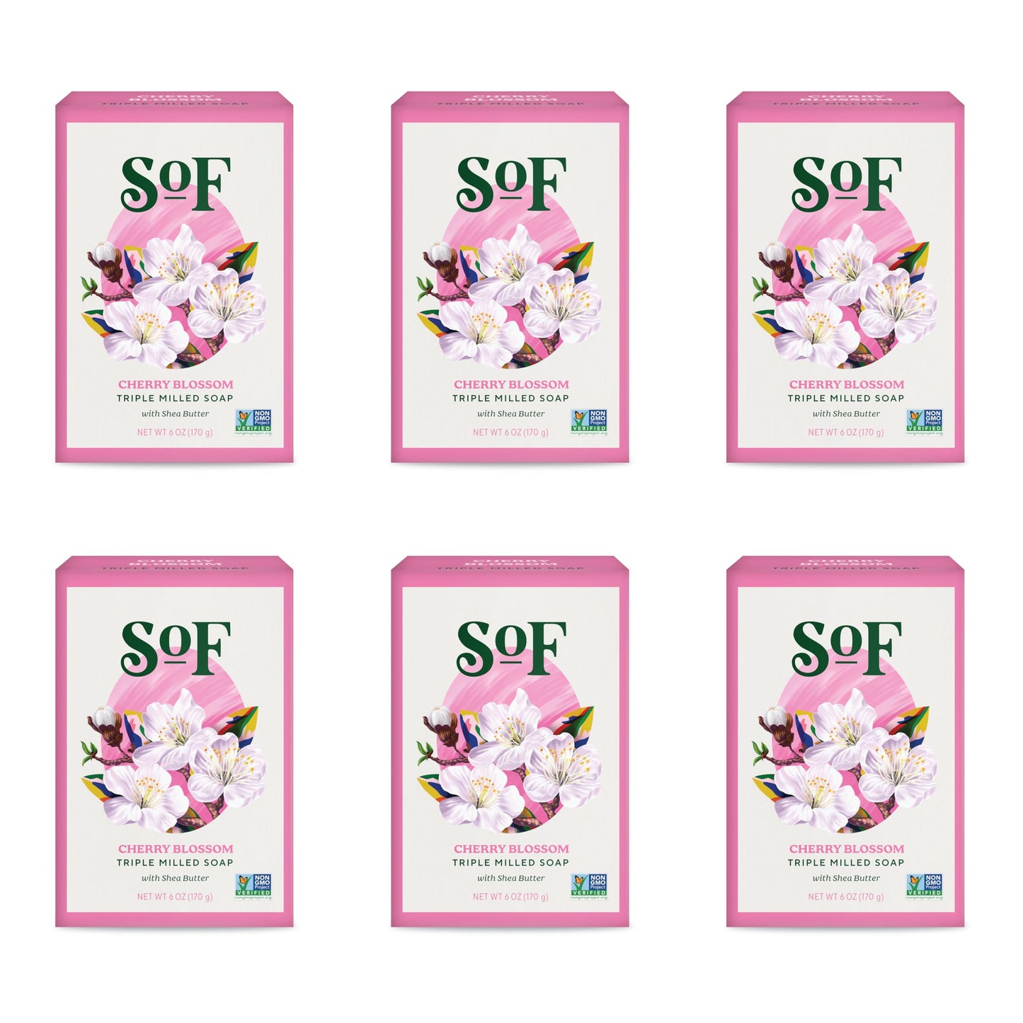 SoF Triple Milled Bar Soap - With Coconut Oil & Organic Shea Butter- Vegan & Non GMO- Free From Phthalates, Sulfates & Parabens- Cherry Blossom - 6 oz Bar 6 Bars