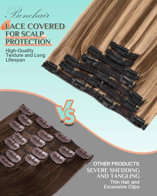 Benehair Clip in Hair Extensions Real Human Hair 14inch Double Weft Medium Brown Mixed Dark Blonde Hair Extensions Clip in Human Hair Lace Weft Straight Hair Extensions Clip ins 7pcs 100g #4P27
