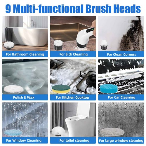 Electric Spin Scrubber, Cordless Shower Scrubber with Long Adjustable Handle and 9 Replaceable Brush Heads for Cleaning, Bathroom Brushes for Cleaning Shower, Tile, Kitchen, Floor