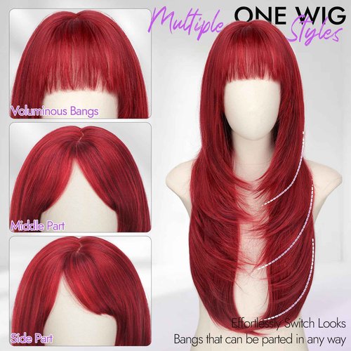 Eawwii Long Red Wig with Bangs for Women, 4x4 Realistic Scalp,Free Parting, Layered Hairstyle Synthetic Heat Resistant for Daily Party Use 26 inch