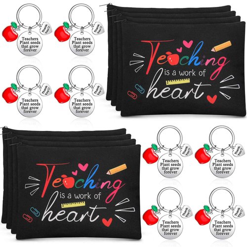 Yinkin 16 Pcs Teacher Appreciation Gifts Set, 8 Teacher Makeup Pouch Cosmetic Bags and 8 Teacher Appreciation Keychains for Teacher (Teaching)