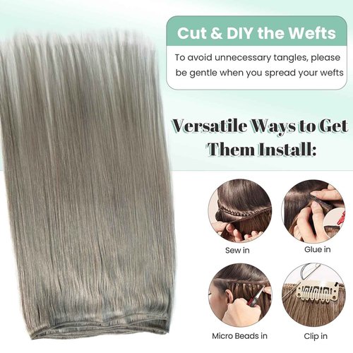 12 Inch Silver Grey Weft Sew in Hair Extensions Real Human Hair Weft Bundles, Hand Tied Silver Gray Sew in Weft Human Hair Extensions, 80G Per Bundle with Thick Full Ends
