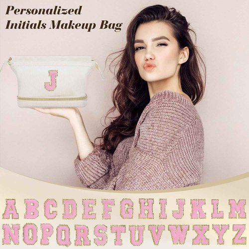 Makeup Bag for Girls Gift, Personalized Christmas Gifts Initial Women Makeup Bag for Travel, Double Layer Cosmetic Bag with Brush Organizer Preppy Make up Bag for Teen Girl Trendy - M