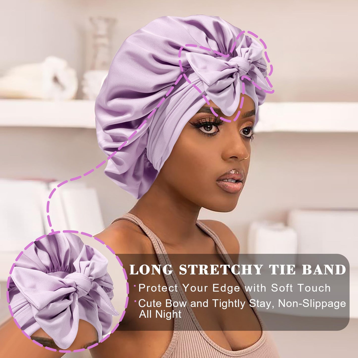 HAIMEIKANG Satin Bonnet for Women Silk Hair Bonnets for Sleeping Large Bonnets with Tie Band Night Cap Sleep Cap for Women Curly Night Cap(Purple)