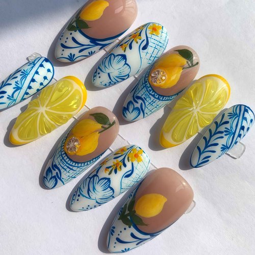 Handcrafted Press On Nails Italian Vacation Style Lemon & Blue Ceramic Pattern 100% Handmade Realistic Artistic Fake Nails With Adhesive Glue Tabs And Tool Gifts For Women (Lemon,Medium M)