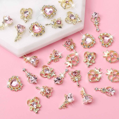 COOSLIM 30pcs Pink Heart Nail Charms - Luxury Alloy Rhinestones & Gems for Nail Art