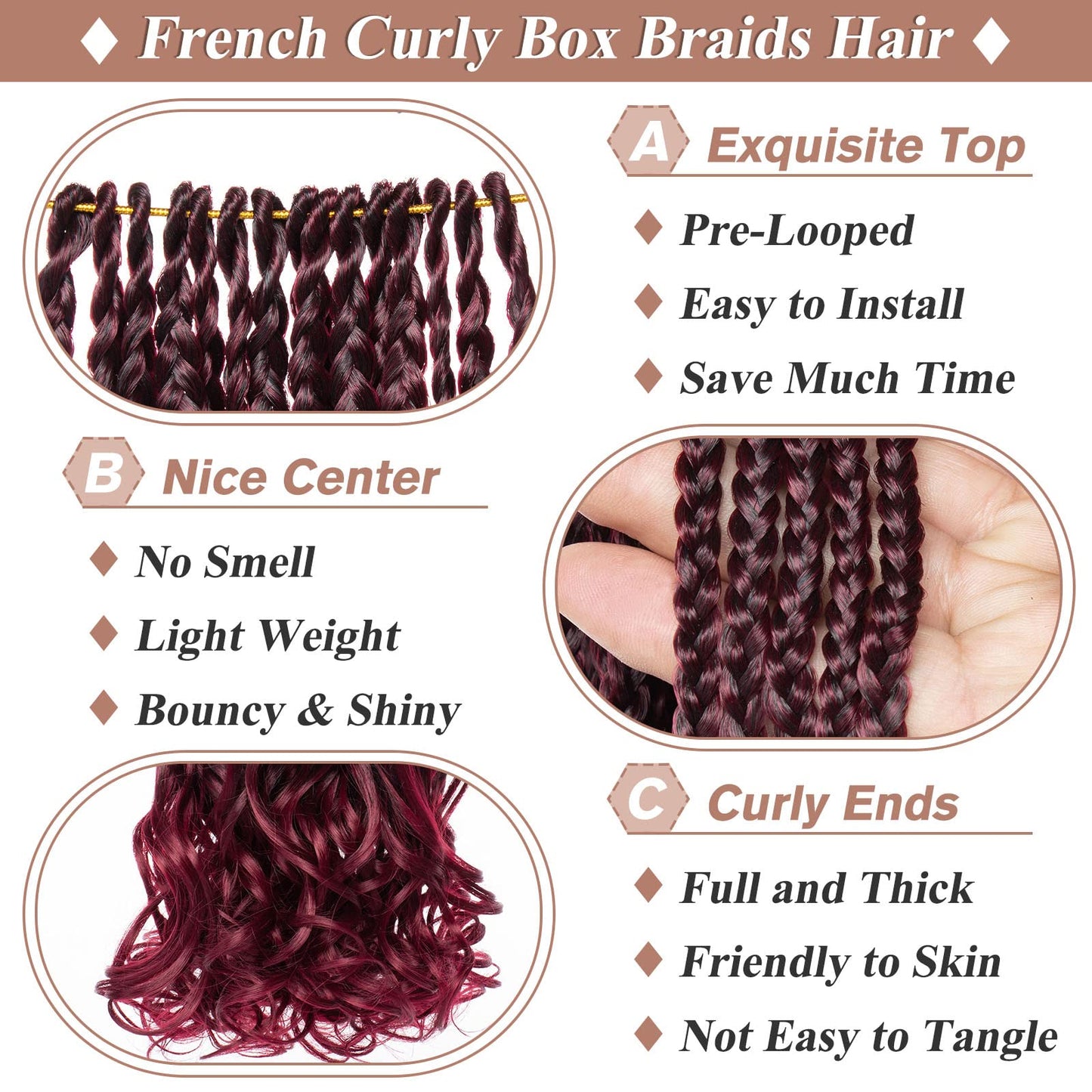 RuiYok 9 Packs 14 Inch French Curl Crochet Braids Ombre Burgundy Bohemian Goddess Box Braids Red Pre Looped Synthetic Curly Crochet Hair for Women