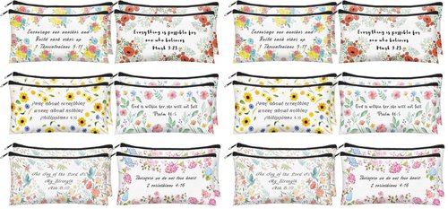 Sabary 12 Pcs Christmas Makeup Bags Gifts for Women Bulk Christian Bible Verse Cosmetic Bags Pencil Pouch Inspirational Flower Cosmetic Pouch Religious Church Gifts for Mom Sister(7.8 x 3.8 Inch)