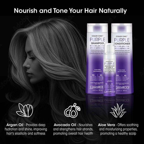 GIOVANNI Color Chic Purple Shampoo, Conditioner, & Styling & Toning Foam for Blonde, Gray, Silver & Bleached Hair, Reduces Brass Tones, Adds Shine, Vegan - 13.5 fl oz & 7 fl oz Mousse (Set of 3)