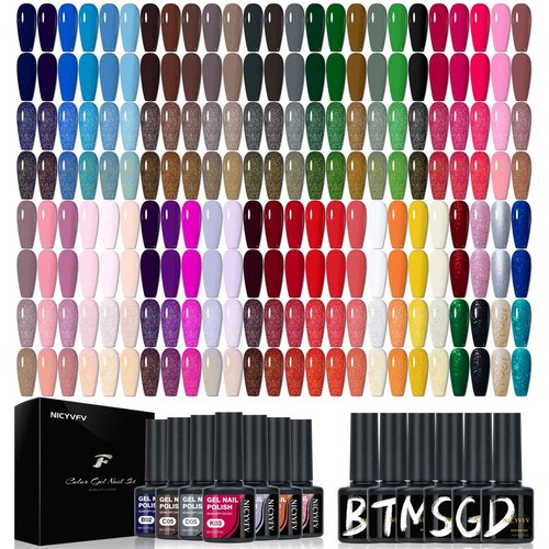 NICYVFV 60 PCS Gel Nail Set, 54 Colors Gel Polish Set Classic Shades, with Gold Silver Glitter and Glossy Matte Top Coat, Base Coat Builder gel, for Women Gift Kit