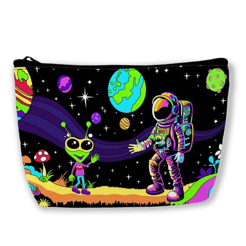 BUYIDUI Astronaut and Alien Trippy Makeup Bag Cosmetic Bag for Women Girls,Portable Makeup Bags Travel Toiletry Bag Organizer