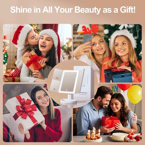 S'bagno LED Makeup Mirror with Lights, 1X/2X/5X Magnification, 3 Color Dimmable LED Modes, 270° Rotation, Trifold Vanity Mirror for Travel, Skincare & Grooming