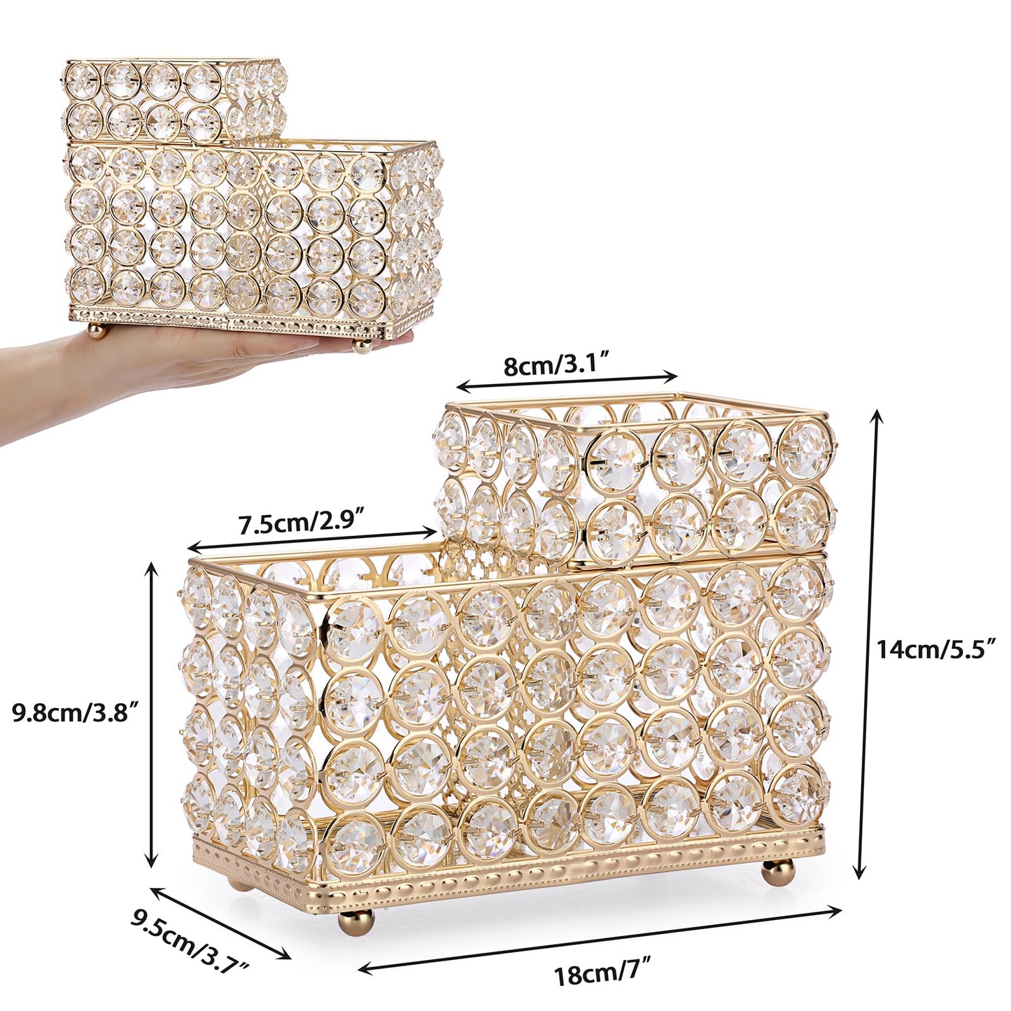 ELLDOO Golden Crystal Makeup Brush Holder, 2 Slot Cosmetic Organizer Storage Center, Lipstick Eyeliners Eyebrow Pen Pencil Holder, Gorgeous Decor Display Case for Dresser Bathroom Office