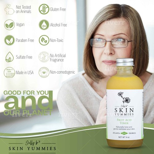 Sally B's Fruit Acid Face Toner and Daily Exfoliator/Alpha Hydroxy Acid (AHA) / 5 in 1 Action: Astringent, Cleansing, Calming, Exfoliating, and Hydrating / 4OZ
