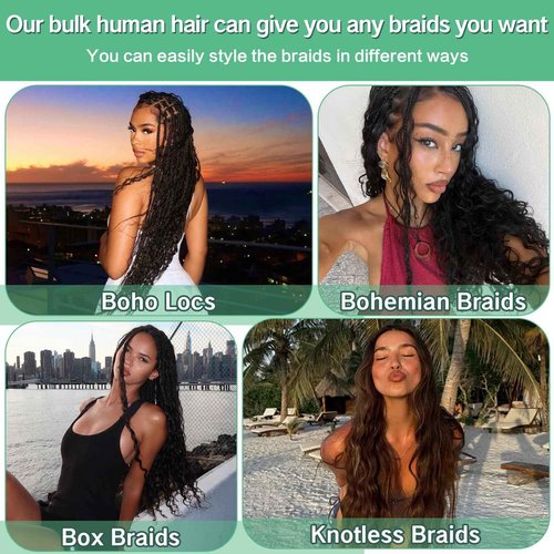 Human Braiding Hair for Boho Braids 120g 3 Bundles Deep Wave Curly Bulk Human Hair for Braiding Knotless Bohemian Natural Color (1B, 24 Inch)