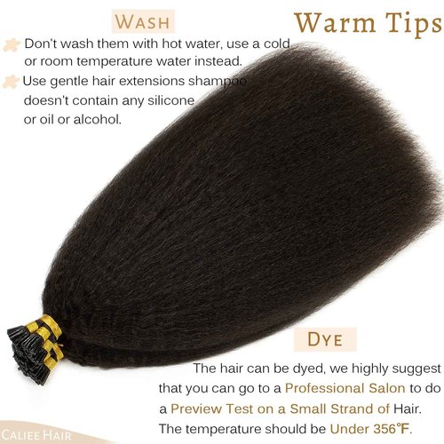 Caliee I Tip Hair Extensions Real Human Hair Kinky Straight, 18inch Natural Hair Extensions Human Hair for Black Women Natural Black Color Real Remy Hair Extension I Tips Hair Thick End 50G 50s/pack