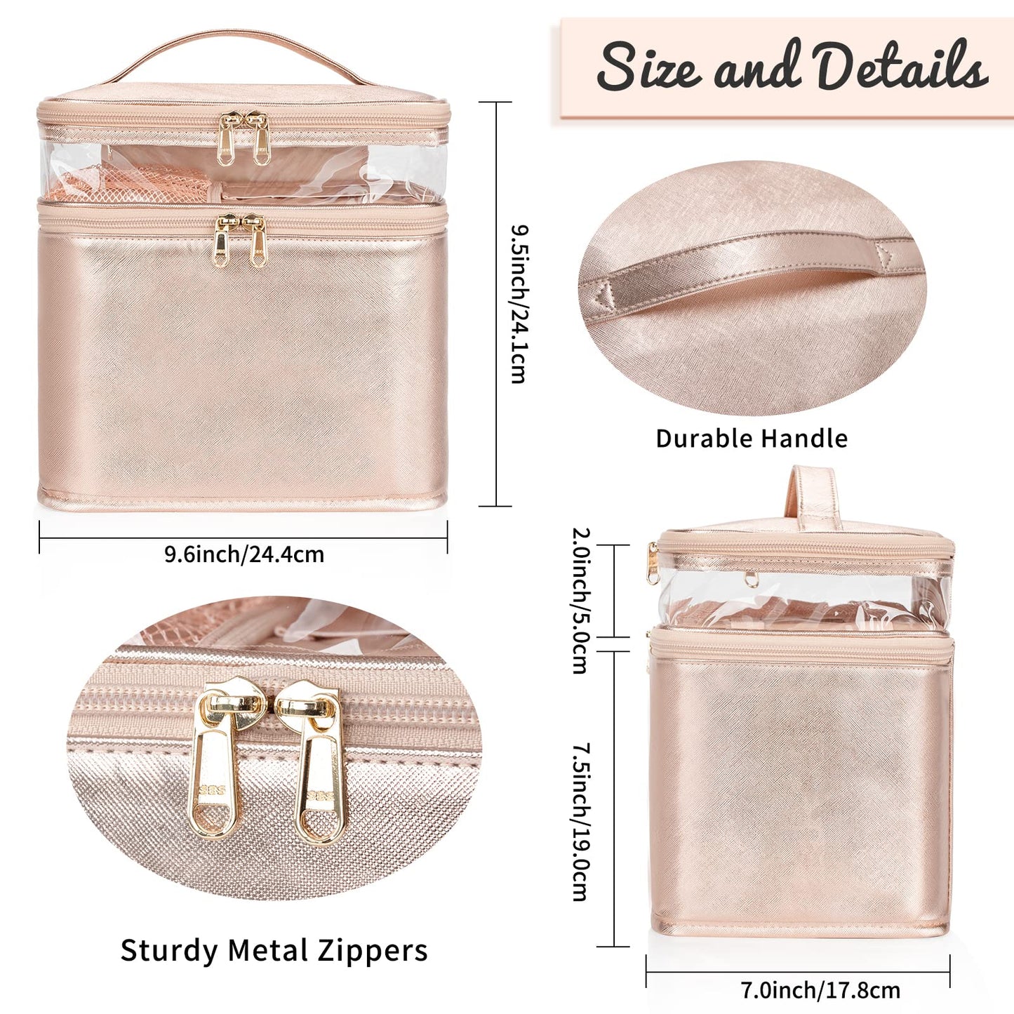 OCHEAL Large Makeup Bag, Double Layer Makeup Bag, Vertical Storage Cosmetic Case for Women/Girls with Multiple Compartments-Rose Gold