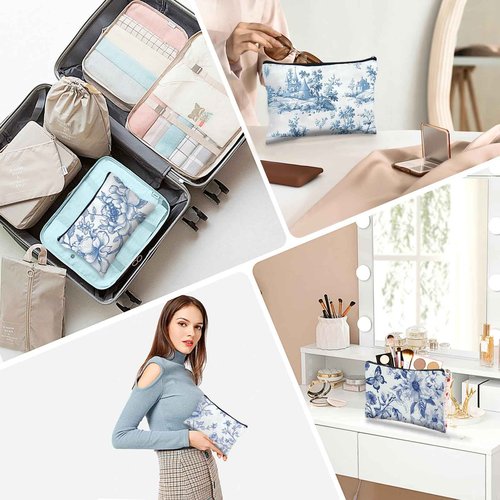 Stuffygreenus 24 Pcs Floral Cosmetic Bags Bulk for Women Blue and White Floral Makeup Bags Chinoiserie Canvas Travel Zipper Pouches Aesthetic Toiletry Bag for Girls Women Bridesmaids Wedding Supplies