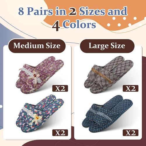 Mepase 8 Pairs Cotton House Indoor Slippers for Guests Washable Home Open Toe Slippers for Women Men