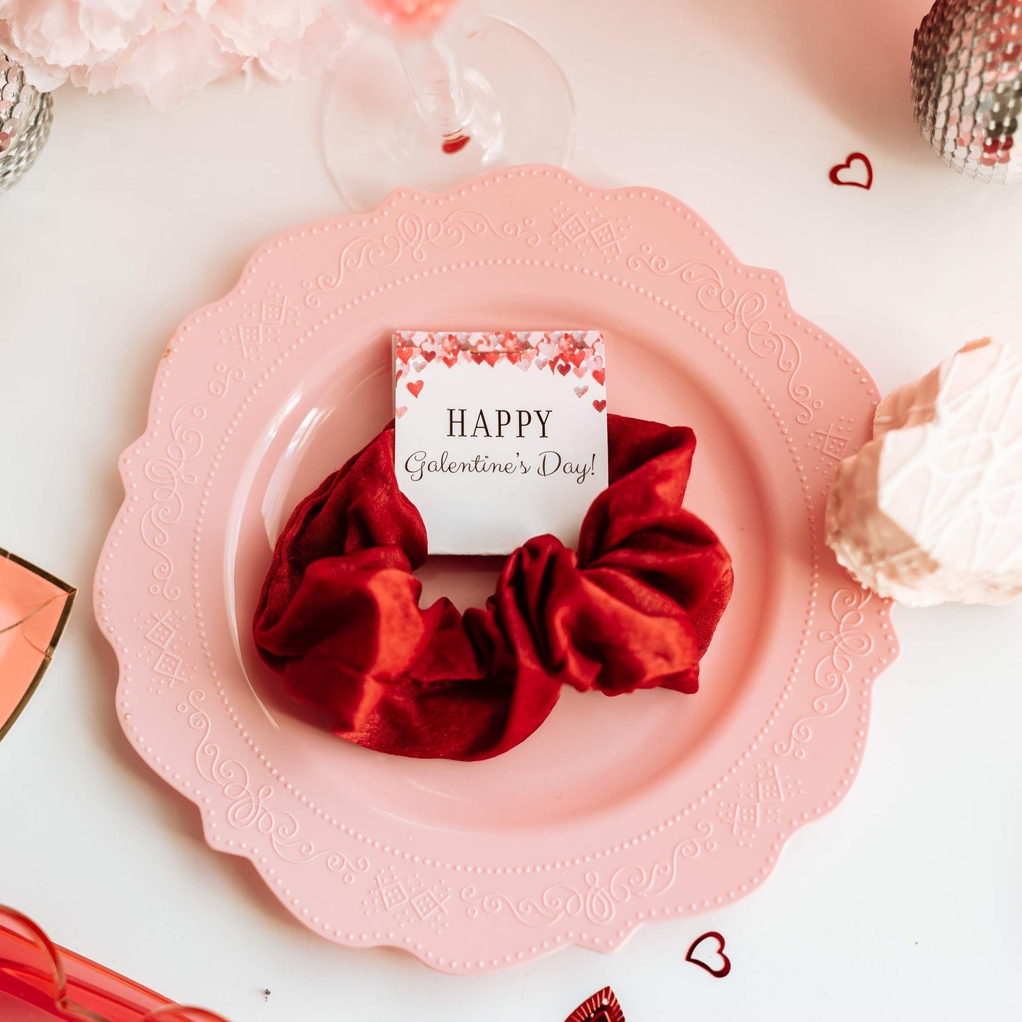 Galentine's Day Hair Scrunchies Party Favors, Unique Galentine Gift for Friends Girls Women, Supplies Decorations (Red Hearts - 5 Pack)