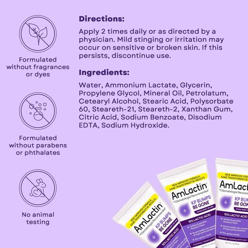 AmLactin KP Bumps Be Gone - Therapeutic Body Cream for Keratosis Pilaris - No-Scrub Exfoliator and Moisturizer with 15% Lactic Acid AHA, 3 oz, Pack of 2 (Packaging May Vary)