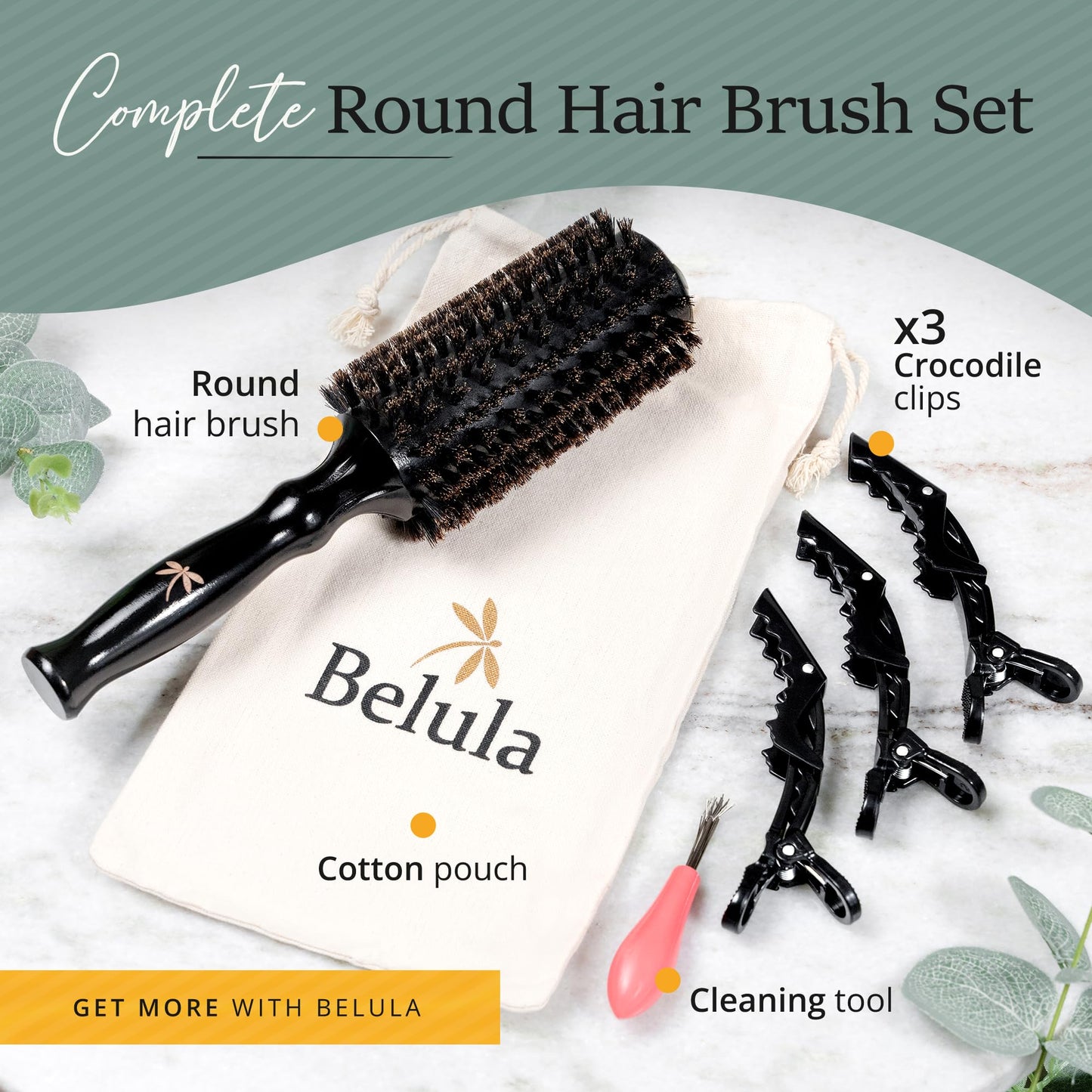 Belula 100% Soft Boar Bristle Round Brush for Blow Drying Set. Round Hair Brush With Large 2.4” Wooden Barrel. Hairbrush Ideal to Add Volume and Body. Free 3 x Hair Clips & Travel Bag