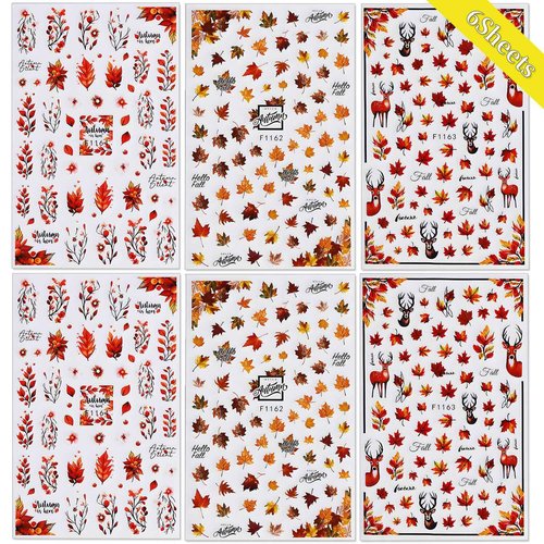 Fall Nail Art Stickers Autumn Maple Leaf Nail Decals 6PCS Autumn Leaves Deer Design 3D Self-Adhesive Nail Art Decorations Supplies Fall Stickers for Nails Women Thanksgiving Day DIY Manicure Decor