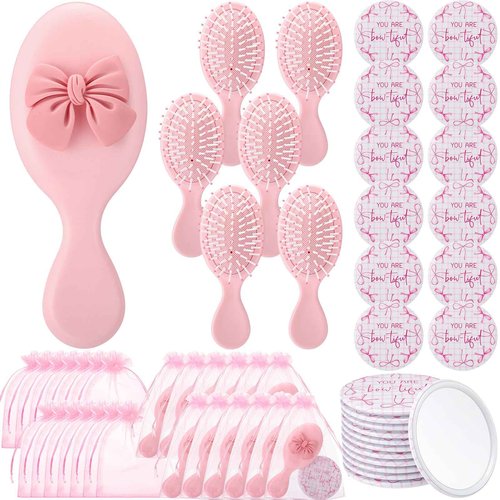 Wonderjune 24 Set Coquette Bow Party Favor Compact Mirror Pink Mini Hair Brush Organza Bag Inspirational Aesthetic Preppy Gift for Women Christmas Birthday Bridal Baby Shower Wedding Party Decoration