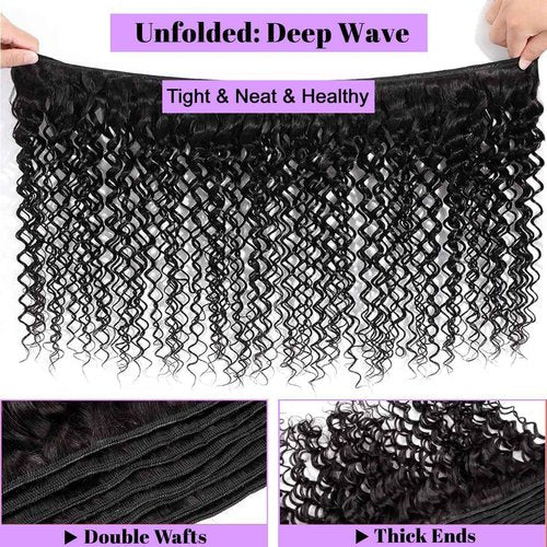 Deep Wave Human Hair Bundles 18 Inch Deep Wave Bundles 100% Unprocessed Brazilian Virgin Hair 1 Bundle Curly Bundles Hair Extensions Real Human Hair Wavy Quick Weave Bundle Natural Black