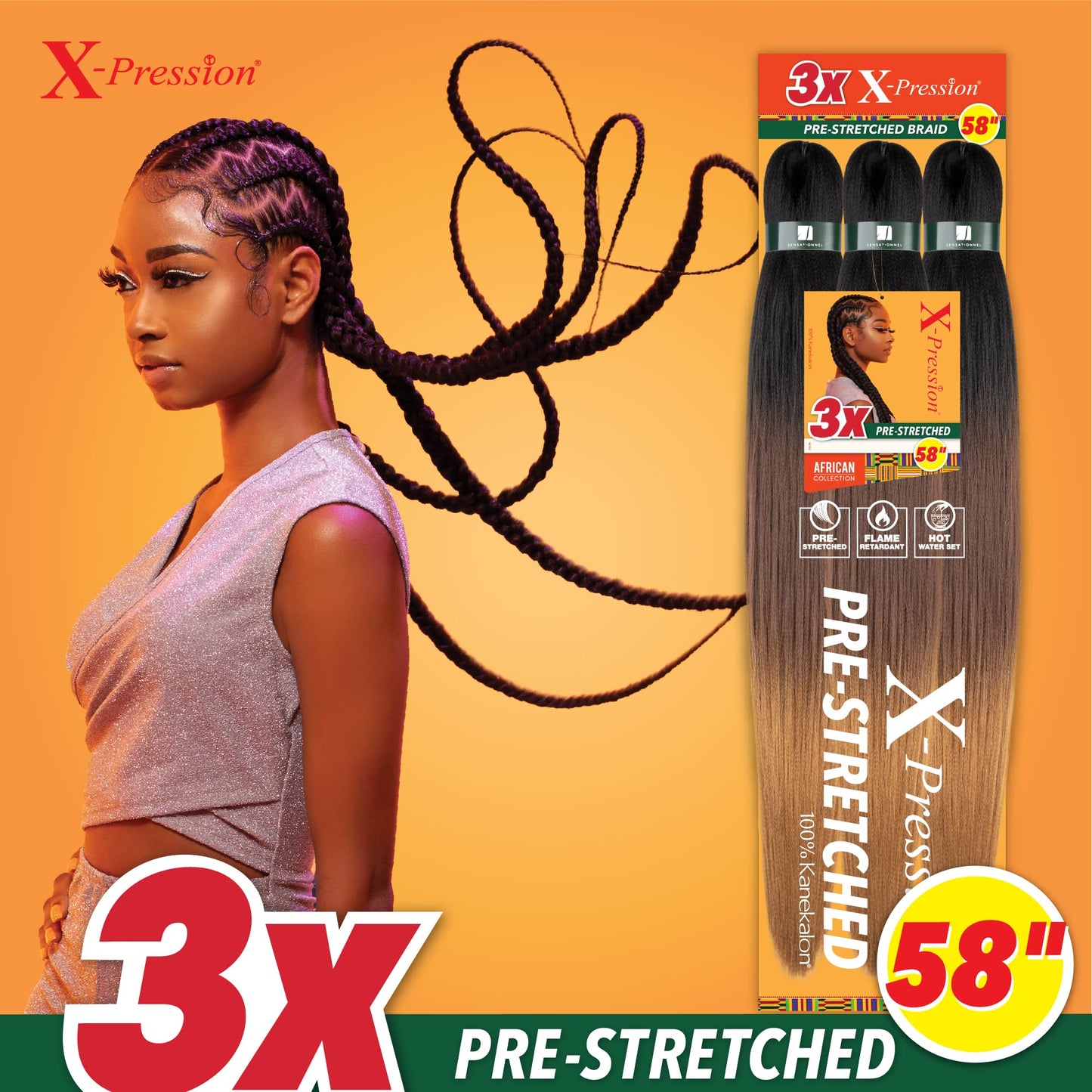 Sensationnel X-pression prestretched braiding hair - 3x braid 58 inch all kanekalon flame retardant synthetic braid for box braids and twists (1 pack, 30 LIGHTAUBURN)