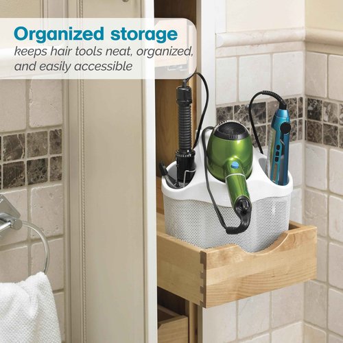 Polder Style Station, Tool Organizer for Hair Dryer, Curling Iron, and Straightener, Easy-to-Store Hair Styling Station, White and Silver