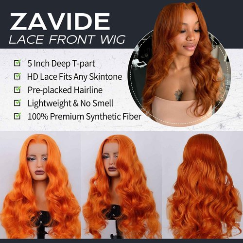 ZAVIDE Ginger Synthetic Lace Front Wig Orange Big Wave Glueless Wig Tpart 13x5x1 HD Lace Wig For Women