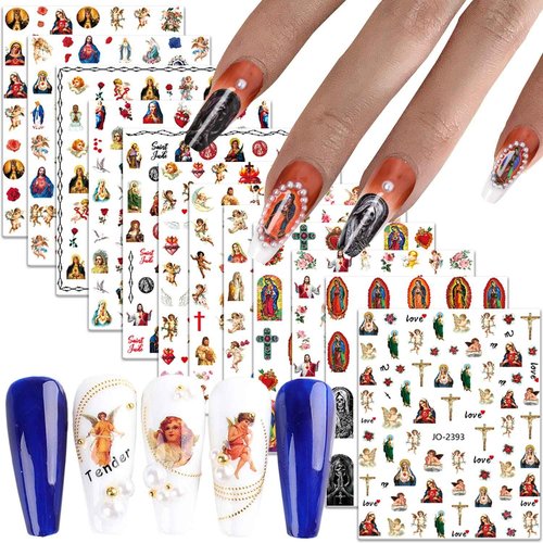 God Jesus Nail Art Stickers Decals, Christ Virgin Maria Love Cupid Angel Satan Nail Self-Adhesive Sticker Designs, Holographic 3D Angel Nail Transfer Decal for Women Girls Manicure Tips Decorations