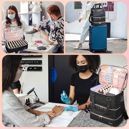Veirdro Nail Polish Organizer Hold 90 Bottles (15ml/0.5fl.Oz)& Nail Lamp, Three Layer Nail Supplies Organizer Case with Holder& Shoulder Strap, PU Leather Nail Kit Organizers and Storage Bag (Black)
