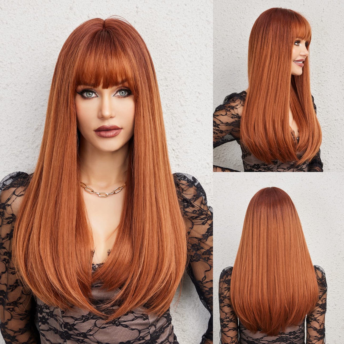 HAIRCUBE Auburn Wig with Bangs Long Hair With Bangs Red Hair Natural Appearance Heat-Resistant Synthetic Wig Daily Play Party Suitable For Fashionable Women 26 Inches