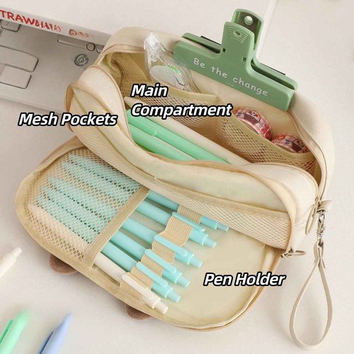 NIORYUZ Kitty Cat Pencil/Pen Pouch 4-Layers Extra Capacity Cosmetic Organizer Pen Brush Holder Mesh Pockets (4 Layers - Black)