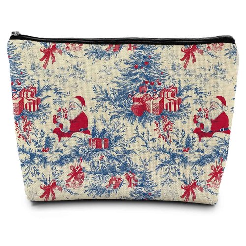 ignytiger Vintage Blue Chinoiserie Christmas Santa Makeup Bag, Santa Gifts Cosmetic Bags for Women, Grandmillennial Christmas Canvas Makeup Bag Santa Holiday Gifts Zipper Pouches for Purse