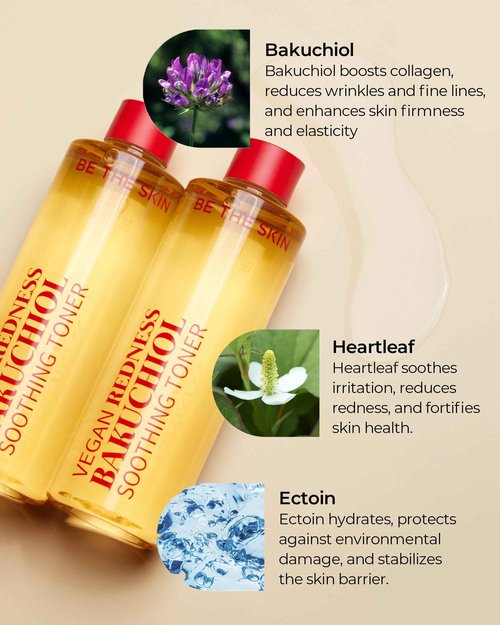 BE THE SKIN Vegan Redness Bakuchiol Soothing Toner - Gentle pH Balancing Redness Relief Face Toner with Heartleaf Extract - Pore Tightening, Soothing for Sensitive Skin, 8.45 fl.oz.