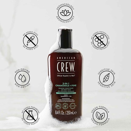 AMERICAN CREW 3-in-1 Chamomile & Pine, Shampoo, Conditioner & Body Wash for Men, Hair Care Gift for Him, Calming and Relaxing Fragrance, 33.8 fl oz