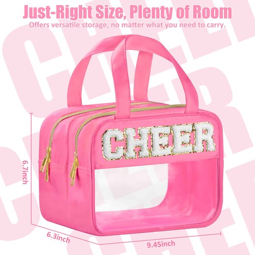 BuyCard Cheer Chenille Letter Bags Clear Makeup Bag for Travel, Cheerleader Gifts Cosmetic Bag with Handles and Zipper, Nylon & PVC Waterproof Large Cheer Accessories Toiletry Bag for Women