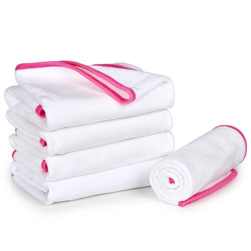 Fushay Premium Microfiber Towels - 5 Pack Ideal for Estheticians, Barbers, Salons Extra Thick, High Absorbency, Professional-Grade (White with Pink Border)