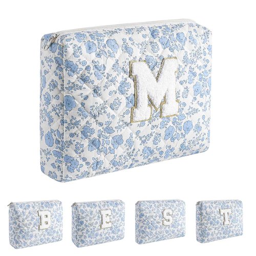 WHHJM Alphabet Makeup Bag Cosmetic Bag for Women, Christmas Gifts for Age 11-18, Personalized Floral Coquette Travel Bag, Trendy Stuff Zipper Make Up Pouch Organizer Bag (Blue Floral M)