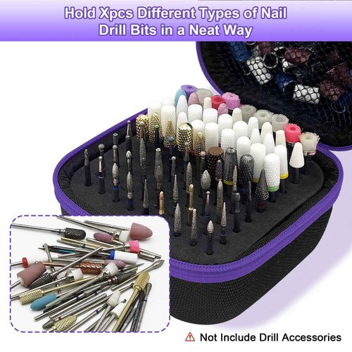 Thowapou 81 Holes Nail Drill Bit Holder, (ONLY CASE) Nail Bits Display Organizer Container, Nail Bits Container Box Case with High Density Foam, Efile Nail Bits Professional Manicure Tools, (Purple)