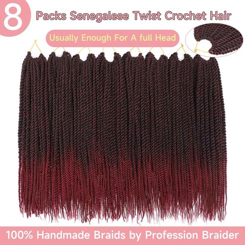 Senegalese Twist Crochet Hair-8 Packs 18 Inch Two Tone Senegalese Twist Crochet Braids For Women Human Hair,Black/Burgundy Pre Looped Crochet Braids, Synthetic Twist Crochet Hair (18in,TBug#)