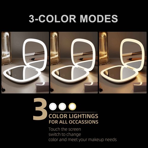 Mirrona Compact Mirror with LED Light, 1x/10x Magnifying Rechargeable Dimmable Pocket Makeup Mirror for Purse, Travel, 4inch