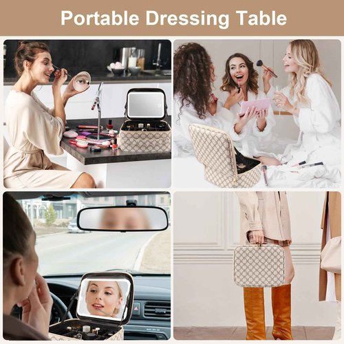 PEEH Makeup Bag with Lighted Mirror, Travel Make up Train Case with Adjustable Brightness Vanity Mirror and Detachable 10x Magnifying Mirror (Beige Clover)