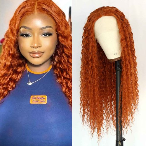 Phyoung 32 inch Ginger Long Curly Lace Front Wigs for Black Women Glueless Curly Synthetic Wigs Orange Ginger Synthetic Wigs Long Ginger Wig Middle Part Wigs Loose Curly Wig